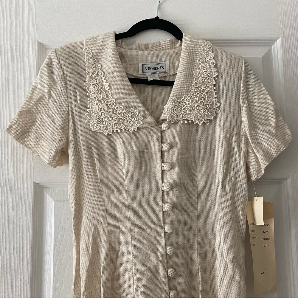 True Vintage Cream S Roberts Dress with Crochet Lace Collar NWT, made in the USA